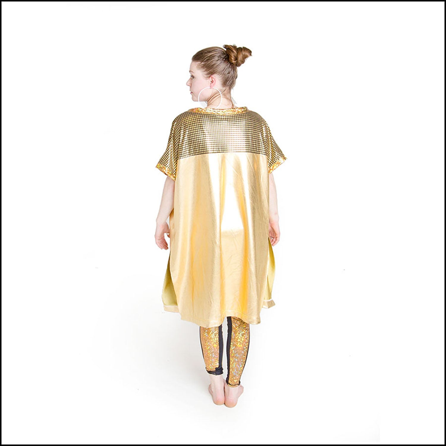 Liquid foil gold kimono with contrast gold on black grid print and holographic gold trim. 