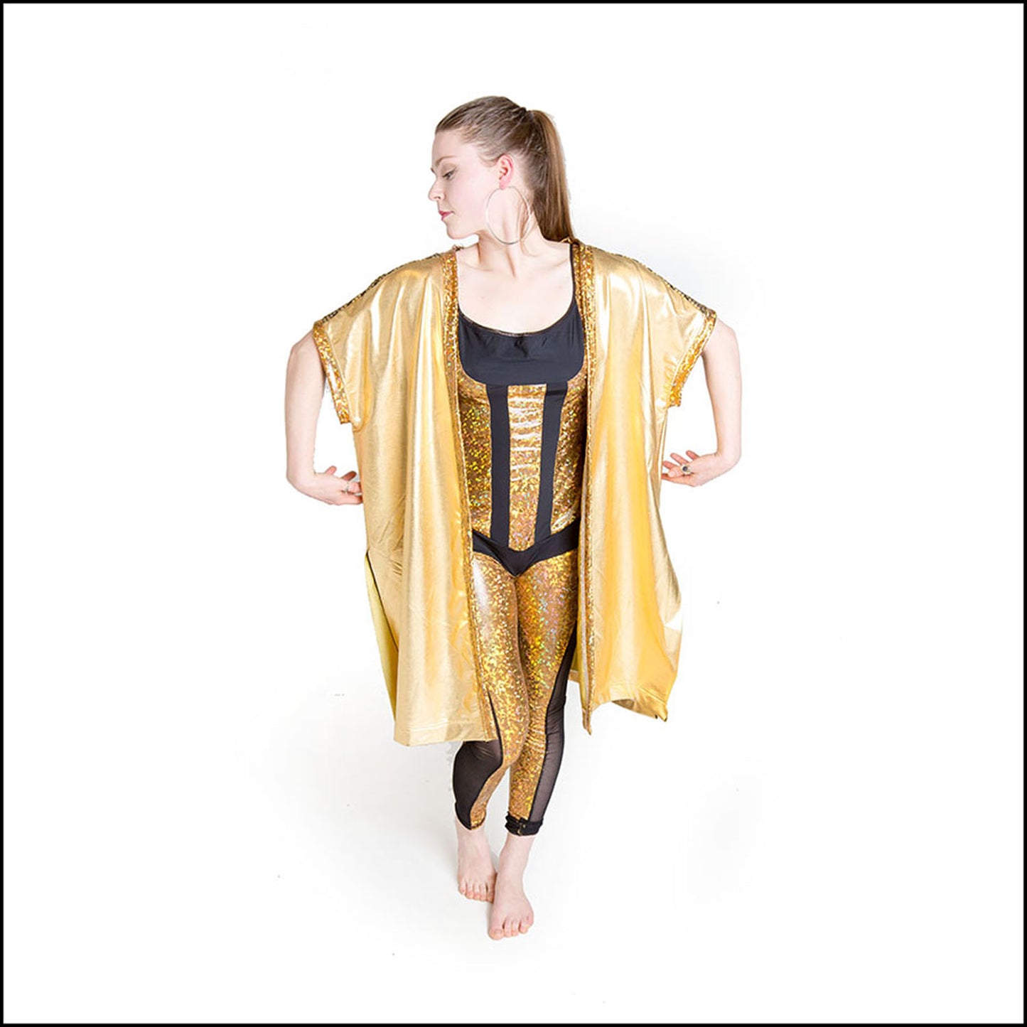 Liquid foil gold kimono with contrast gold on black grid print and holographic gold trim. 