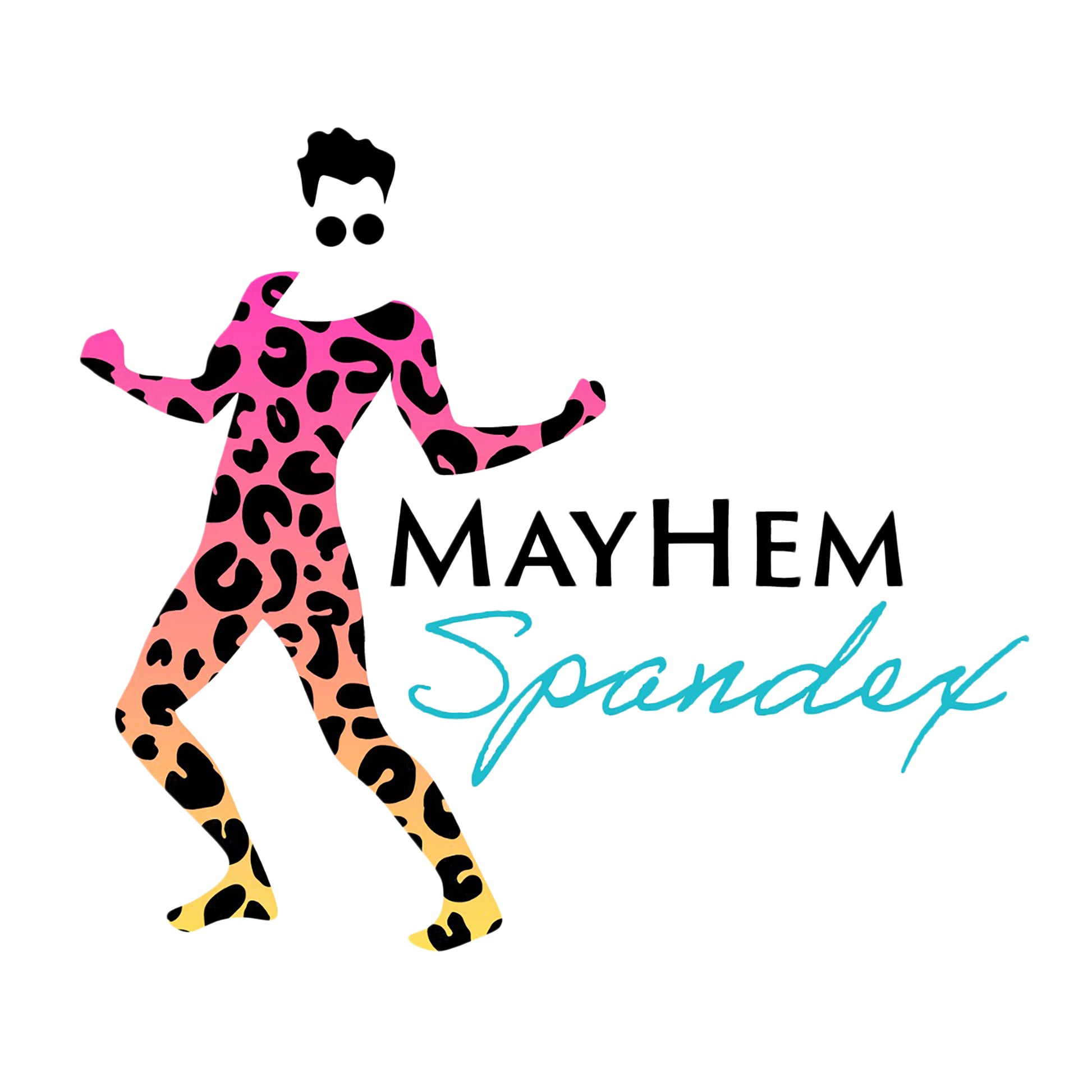 Shopping for someone special but also want to give them the gift of choice? Give them a Mayhem gift card. The image is the Mayhem logo that features a simple vector drawing silhouette of a model posing with arms outstretched to the sides flexing their guns in a leopard print catsuit. The only facial features shown are hair and round glasses. The words Mayhem spandex are next to the figure in bold black and turquoise text. 