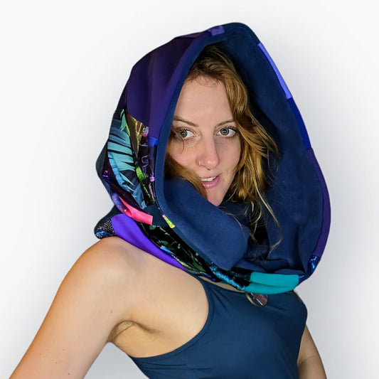 Stylish large circle Scarf with Fleece Lining for Ultimate Warmth and Comfort | Patchwork Design in Turquoise, Blue, Purple, Green and Various Prints with Shiny Foils | Sustainable Fashion Choice