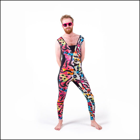 Fiesta Catsuit, a handmade-to-order piece in multicoloured, abstract world party printed spandex. This statement catsuit is both stylish and sustainable. The unisex design features a flattering V-neck with a black matt insert and full length side panels.