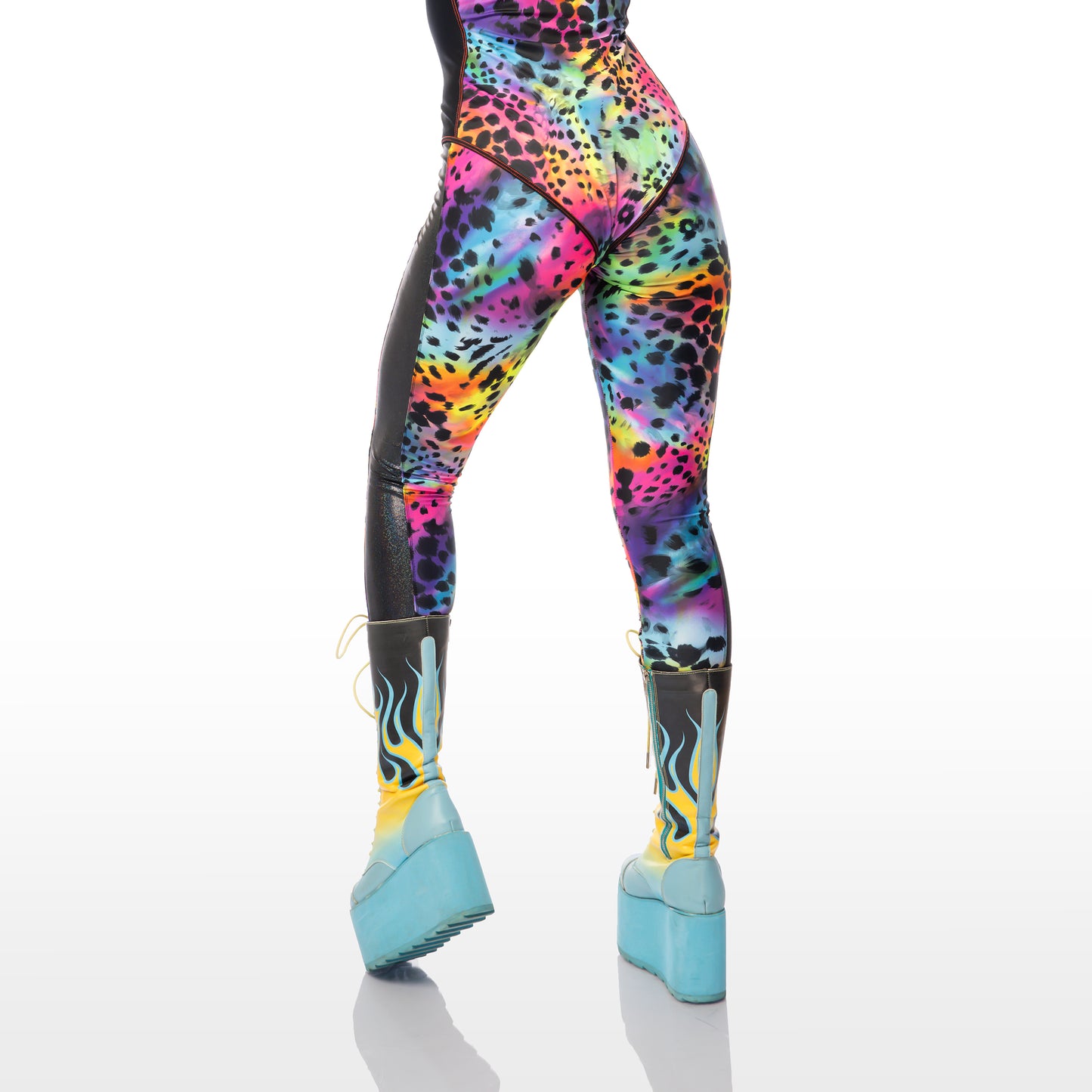 Techno Leopard Leggings in rainbow snowcat and black holographic printed spandex. The unisex design features a high double waistband and full length black holographic foil side panels.