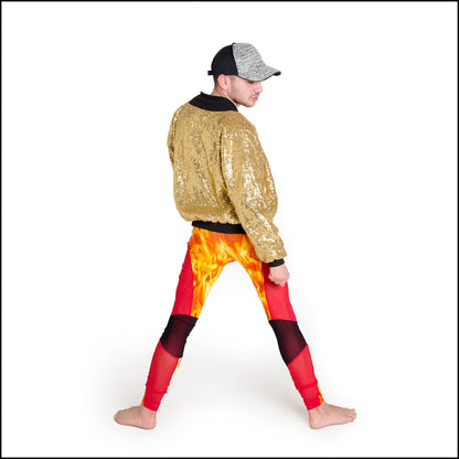 Blaze Leggings, a handmade-to-order piece in orange flame printed spandex. These scorching leggings are both stylish and sustainable. The unisex design features a high elasticated waistband and black over red mesh knee and red mesh side panels.