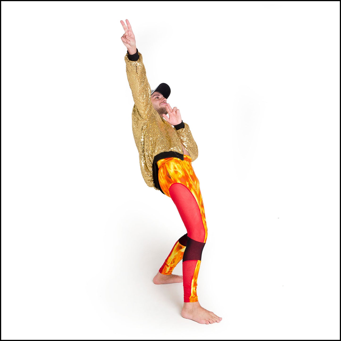 Blaze Leggings, a handmade-to-order piece in orange flame printed spandex. These scorching leggings are both stylish and sustainable. The unisex design features a high elasticated waistband and black over red mesh knee and red mesh side panels.