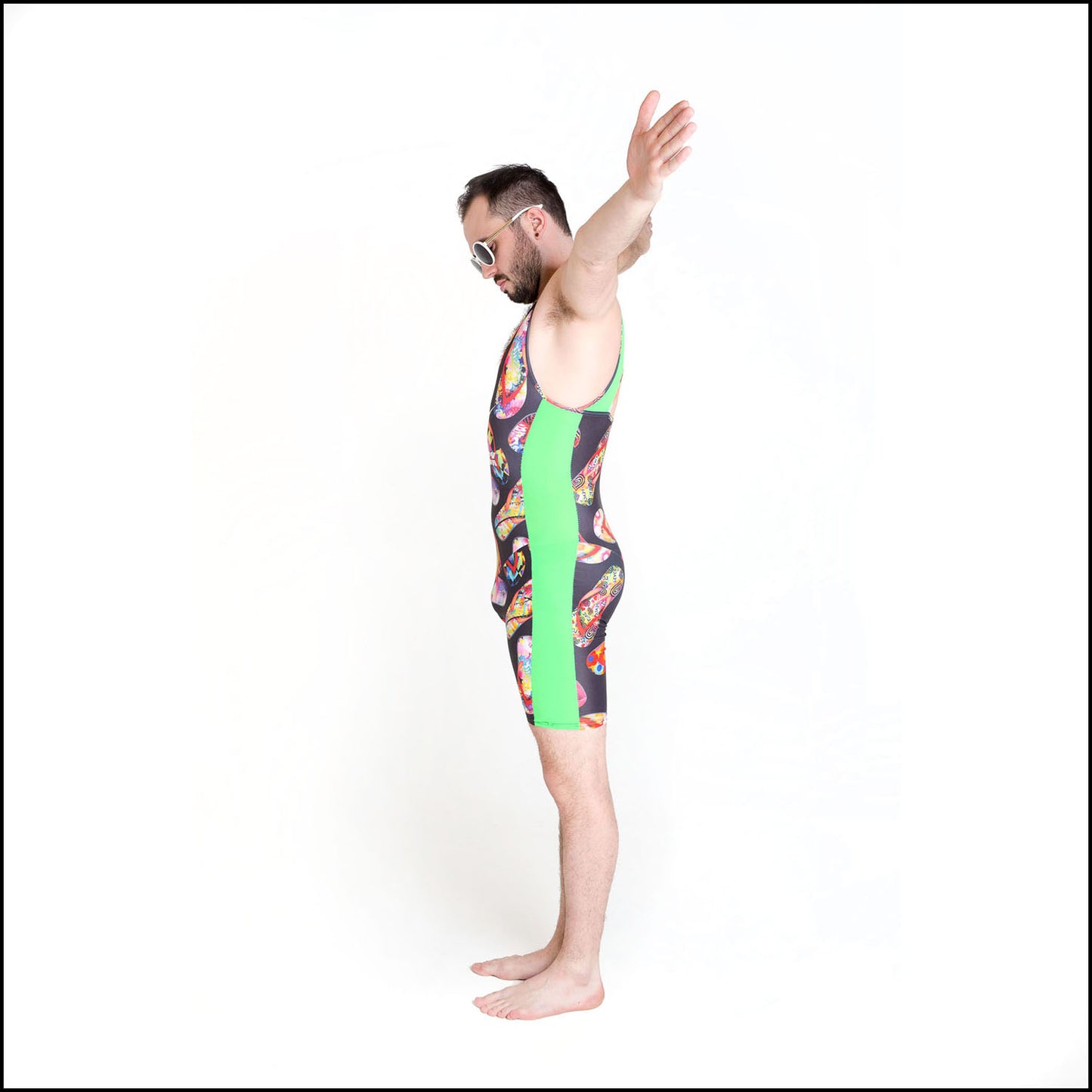 Diverse AF Catsuit. Handmade-to-order using colourful flipflop printed spandex, this tongue-in-cheek, cropped catsuit is both stylish and sustainable. The unisex design features a supportive racer back and figure flattering, neon green, contrast side panels.