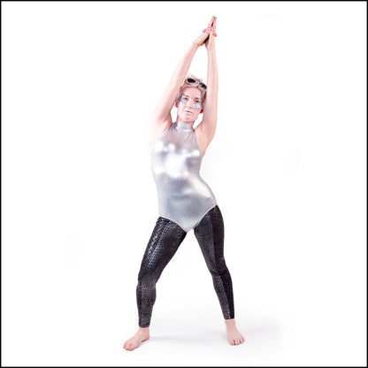 Barbarella Leotard, a handmade-to-order piece in silver liquid foil spandex. This spacey leotard is both stylish and sustainable. The high neck design features a button back and keyhole opening.