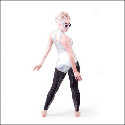 Barbarella Leotard, a handmade-to-order piece in silver liquid foil spandex. This spacey leotard is both stylish and sustainable. The high neck design features a button back and keyhole opening.